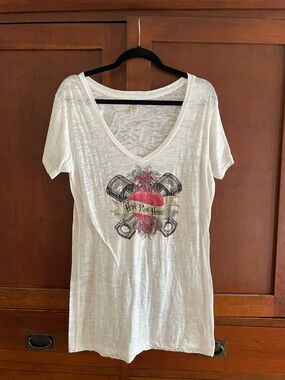 Alternative White V-Neck Tee with Red Heart Engine Graphic